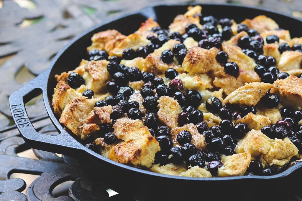 blueberry french toast casserole baked on a Traeger