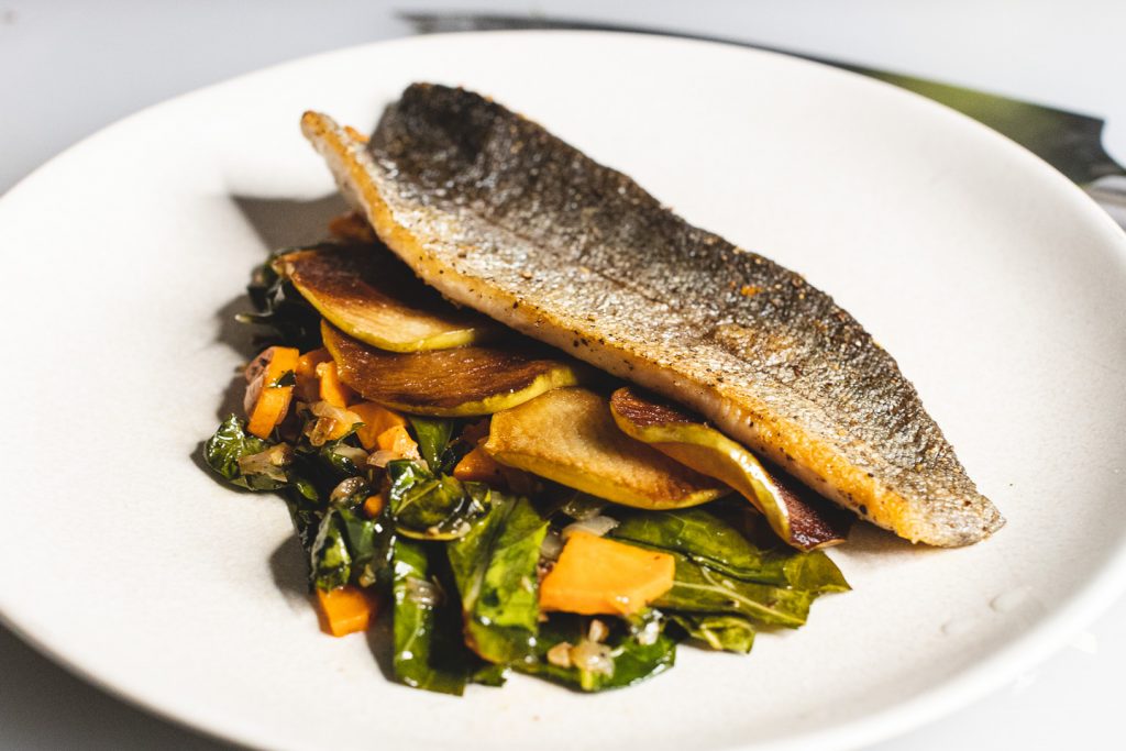 Pan Fried Trout With Collards Sweet Potato And Seared Apples