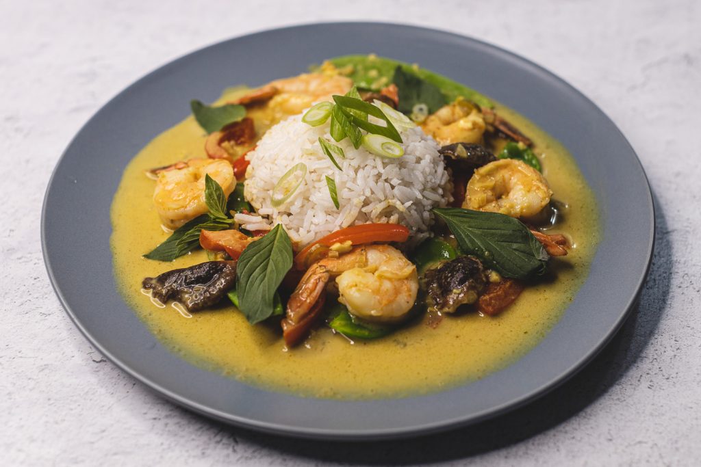 Plated Thai Curry Shrimp With Basmati Rice