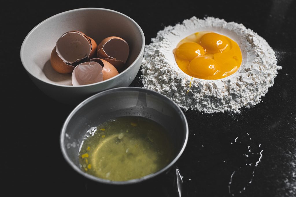 flour egg yolks and whites and egg shells